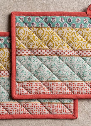 Maison d' Hermine Pot Holders 100% Cotton Heat Resistant Potholders 8" x 8" Hot Pads with Loop BBQ, Cooking, Baking, Grilling, Kitchen, Handling Hot Pans Spring/Summer (Pack of 1, Provence)