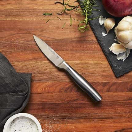 HENCKELS Graphite 4-pc Starter Knife Set, 8" Chef Knife, 5-in. Serrated Utility, 3-in. Paring Knife, and Handheld Sharpener