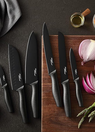 Kitchen Knife Set, KYA38 12-Piece Kitchen Knives Set with Covers, Marco Almond® 6 Knives with 6 Blade Guards, Stainless Steel Cooking Knives Set for Kitchen, Black