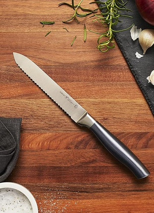 HENCKELS Graphite 4-pc Starter Knife Set, 8" Chef Knife, 5-in. Serrated Utility, 3-in. Paring Knife, and Handheld Sharpener