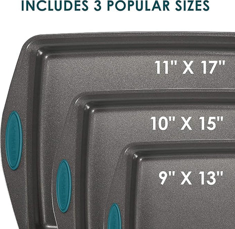 Rachael Ray Bakeware Nonstick Cookie Pan Set, 3-Piece, Gray with Marine Blue Grips