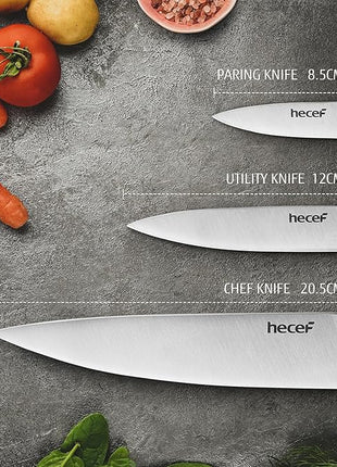 hecef Silver Kitchen knife set of 3, Satin Finish Blade with Hollow Handle, includes 8" Chef, 5" Utility and 3.5" paring knife
