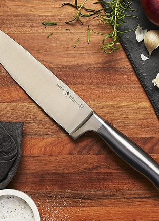 HENCKELS Graphite 4-pc Starter Knife Set, 8" Chef Knife, 5-in. Serrated Utility, 3-in. Paring Knife, and Handheld Sharpener