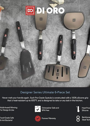 DI ORO Silicone Turner Spatula Set - Forever Warranty - Kitchen Spatulas for Nonstick Cookware - 600°F Heat-Resistant & BPA Free - Flexible & Thin Flippers for Turning Eggs & Pancakes (6 Piece, Black)