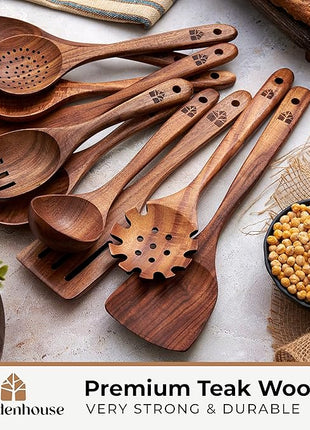 Wooden Spoons for Cooking – 10 Pc Teak Wood Utensil Set, Durable, Nonstick Safe & Heat Resistant with Ergonomic Handles - Unique Kitchen Gifts for Women Men, Cooking Gifts for Men Women