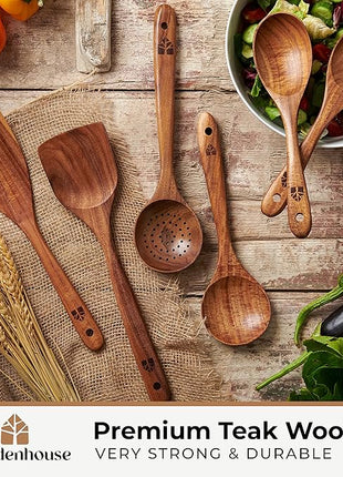Wooden Spoons for Cooking – Wooden Kitchen Utensils Set, 6 Pcs Teak Wood Utensil Set – Comfortable Grip Non–Stick Wooden Cooking Utensils - Kitchen Gifts for Women Men, Cooking Gifts for Men Women