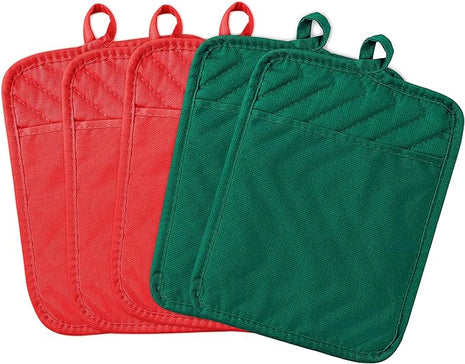 GROBRO7 5Pack Pot Holders for Kitchen Heat Resistant Cotton Potholder Multipurpose Hot Pads Machine Washable Oven Mitts with Pocket Potholders for Baking and Cooking 8.9 x 6.9 in Red Green