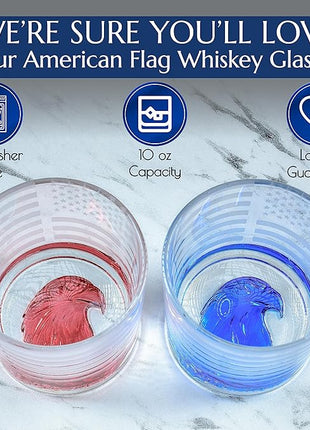 Greenline Goods American Flag Decor USA Glasses - With Patriotic Eagle - (Set of 2) 10 Oz Tumbler Set - America Themed Whiskey Set - Colored 3D Eagle Heavy Glass Base