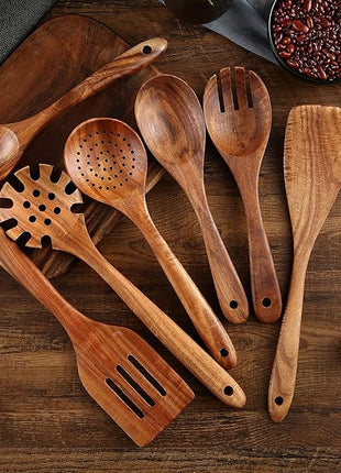 Wooden Kitchen Cooking Utensils Set, NAYAHOSE 7 Pcs Natural Teak Wooden Spoons and Spatulas for Non-stick Pan