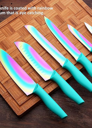 Marco Almond Kitchen Knife Set, KYA37 12-Piece Rainbow Titanium Stainless Steel Boxed Knives Set for Kitchen with Covers, 6 Knives with 6 Blade Guards