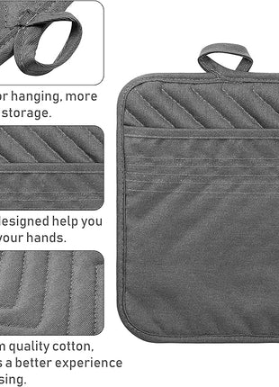 GROBRO7 5Pack Pocket Pot Holders Cotton Heat Resistant Potholder Multipurpose Hot Pads Machine Washable Oven Mitts Cooking Pads Bulk for Daily Kitchen Baking and Cooking 8.9 x 6.9 Inch Grey