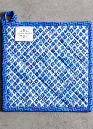 Maison d' Hermine Pot Holders 100% Cotton Heat Resistant Potholders 8" x 8" Hot Pads with Loop BBQ, Cooking, Baking, Grilling, Kitchen, Handling Hot Pans Spring/Summer (Pack of 1, Indigo Love)