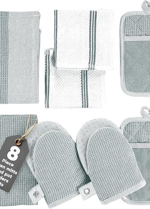 Casa Platino 8-Piece Mini Oven Mitt & Pot Holder Set – 500°F Heat Resistant with Silicone Grip, Includes 2 Kitchen Towels & 2 Dish Cloths for Drying – Non-Slip, Durable, Machine Washable – Grey