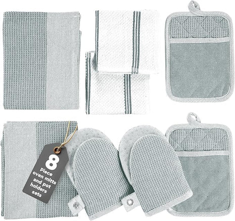 Casa Platino 8-Piece Mini Oven Mitt & Pot Holder Set – 500°F Heat Resistant with Silicone Grip, Includes 2 Kitchen Towels & 2 Dish Cloths for Drying – Non-Slip, Durable, Machine Washable – Grey