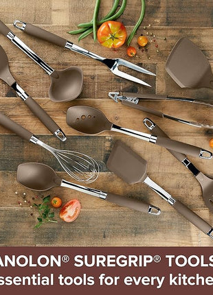 Anolon SureGrip Dishwasher Safe Nonstick Locking Cooking Tongs Set/Salad Serving Tools, 9 Inch and 12 Inch, Bronze Brown