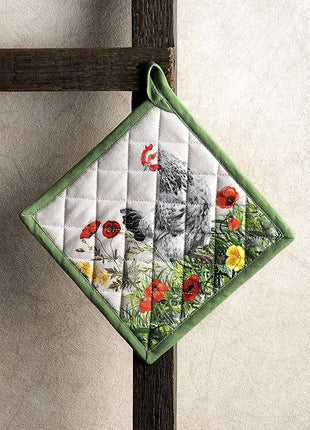 Maison d' Hermine Pot Holders 100% Cotton Heat Resistant Potholders 8" x 8" Hot Pads with Loop BBQ, Cooking, Baking, Grilling, Kitchen, Handling Hot Pans Spring/Summer (Pack of 1, Basse Cour)