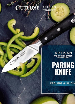 Cutluxe Paring Knife, 3.5" Small Kitchen Peeling Knife with Razor Sharp Blade – High Carbon German Steel, Full Tang, Ergonomic Handle Design – Artisan Series