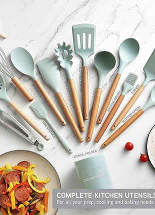 Country Kitchen Non Stick Silicone Utensil Set with Rounded Wood Handles for Cooking and Baking, 14 Piece Set, Mint