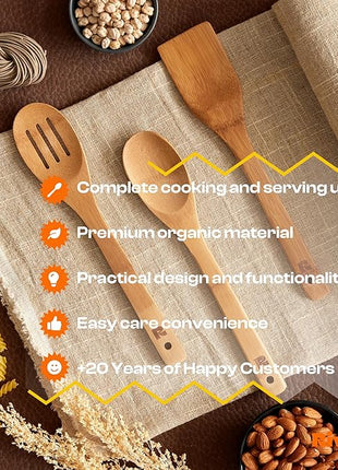 Riveira Dark Bamboo Wooden Spoons for Cooking 3-Piece, Apartment Essentials Wood Spatula Spoon Nonstick Kitchen Utensil Set Premium Quality Housewarming Gifts for Everyday Use
