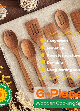 Riveira Teak Wooden Cooking Utensils Set of 6 Premium Quality Non-Toxic Wooden Spoons & Spatula for Cooking, Stirring & Serving