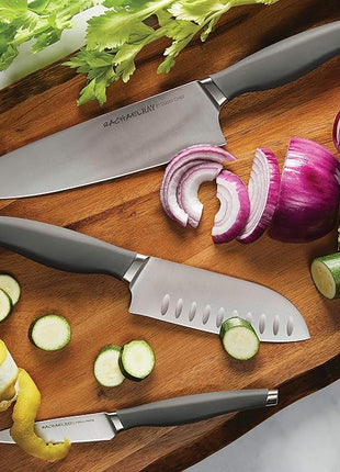 Rachael Ray Cutlery Japanese Stainless Steel Knives Set with Sheaths, 8-Inch Chef Knife, 5-Inch Santoku Knife, and 3.5-Inch Paring Knife, Gray