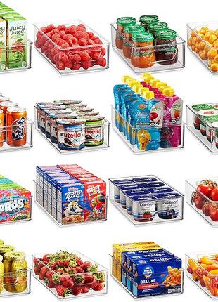 Munfix Set Of 16 Refrigerator Organizer Bins - Plastic Pantry Organization and Storage Baskets - Stackable Food Fridge Organizers with Cutout Handles for Freezer, Kitchen, Countertops, Cabinets