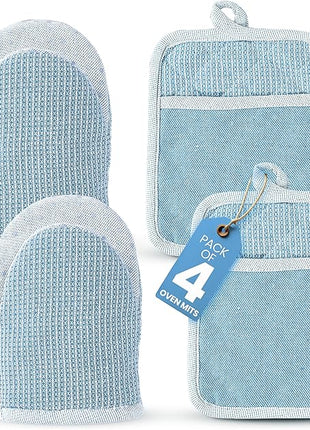Casa Platino BBQ Gloves & Potholders Set, 4Pc Kitchen Mitts for Oven & Baking, Pot Holder for Hot Pots & Dishes – Heat Resistant Up to 500°F, Non-Slip & Machine Washable – Cornflower