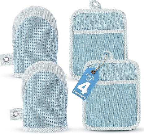 Casa Platino BBQ Gloves & Potholders Set, 4Pc Kitchen Mitts for Oven & Baking, Pot Holder for Hot Pots & Dishes – Heat Resistant Up to 500°F, Non-Slip & Machine Washable – Cornflower