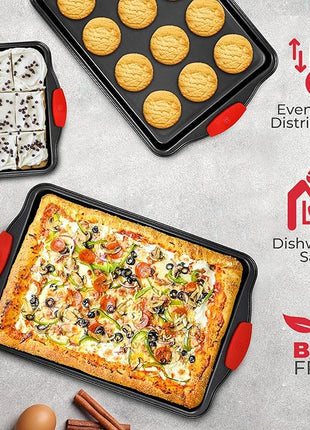 PERLLI Non-Stick 3-Piece Baking Pan Set, BPA-Free Carbon Steel Bakeware Set with Silicone Handles, Stackable Kitchen Oven Set, Cookie Sheet, Baking Tray, Baking Sheet Set, Oven Safe (446°F)