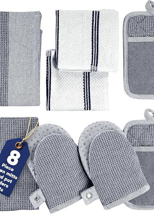 Casa Platino Mini Oven Mitts Set, 8-Piece – 500°F Heat Resistant Silicone Oven Mitts, Potholders for Kitchens, 2 Kitchen Towels & 2 Dish Cloths – Non-Slip & Durable – Indigo