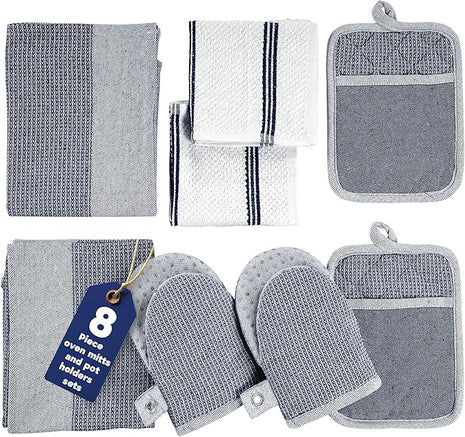 Casa Platino Mini Oven Mitts Set, 8-Piece – 500°F Heat Resistant Silicone Oven Mitts, Potholders for Kitchens, 2 Kitchen Towels & 2 Dish Cloths – Non-Slip & Durable – Indigo