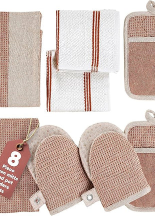 Casa Platino Potholders for Kitchens, 8-Piece – 500°F Heat Resistant Oven Mitts and Pot Holders, Mini Oven Mitts with Silicone Grip, 2 Kitchen Towels & 2 Dish Cloths – Durable & Non-Slip – Canyon Rose