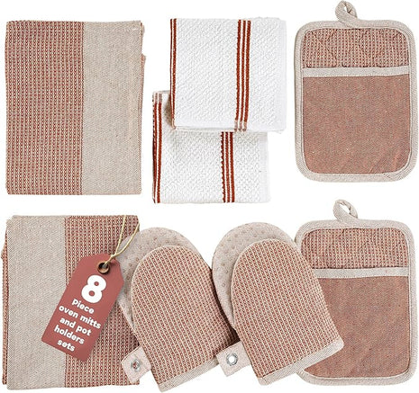 Casa Platino Potholders for Kitchens, 8-Piece – 500°F Heat Resistant Oven Mitts and Pot Holders, Mini Oven Mitts with Silicone Grip, 2 Kitchen Towels & 2 Dish Cloths – Durable & Non-Slip – Canyon Rose