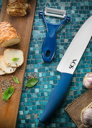 Vos Ceramic Knife with Peeler, Knives Set For Kitchen, Ultra Sharp Kitchen Knife Set with Covers, 4" 5" 6" 7" 8" Paring, Chef Knife, Santoku & 2 more, Lightweight, Dishwasher safe (Blue)