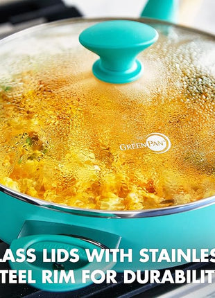 GreenPan Rio Healthy Ceramic Nonstick 5QT Saute Pan Jumbo Cooker with Helper Handle and Lid, PFAS-Free, Dishwasher Safe, Turquoise