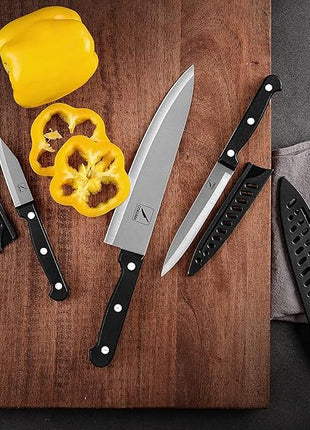 Kitchen Knife, 3-Pcs Knife Set With Sheath, 8 Inch Chef Knife, 4.5 Inch Utility Knife, 4 Inch Paring Chef Knife, Stainless Steel, Black
