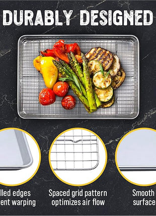 Checkered Chef Quarter Sheet Pan with Wire Rack for Cooking - 1/4 Sheet Pan, 13" x 9.5" Aluminum Cookie Sheets and Stainless Steel Cooling Rack for Baking